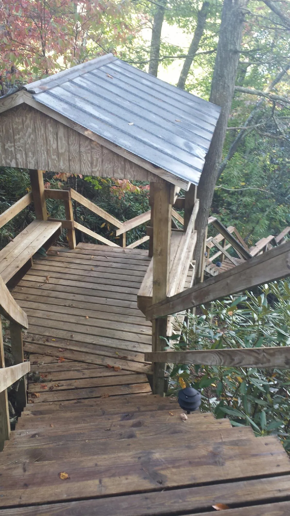 Metal roofed shelter over wooden steps on a wooded walkway — Skylight Repair & Installation work by our crew in Anna Maria